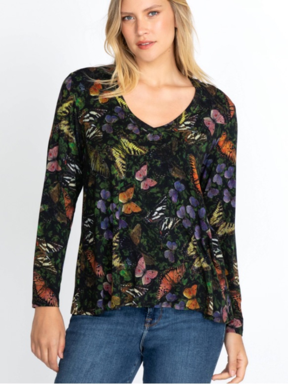 Johnny Was Janine Favorite Long Sleeve Tee V-Neck Butterfly Print Whimsigoth